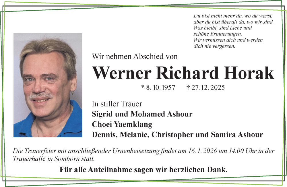  Traueranzeige für Werner Richard Horak vom 10.01.2026 aus Gelnhäuser Neue Zeitung