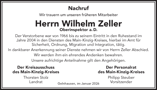 Traueranzeige von Wilhelm Zeller von Mittelhessen-Bote