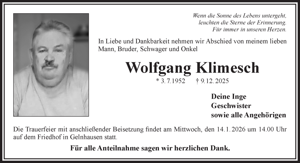  Traueranzeige für Wolfgang Klimesch vom 10.01.2026 aus Gelnhäuser Neue Zeitung