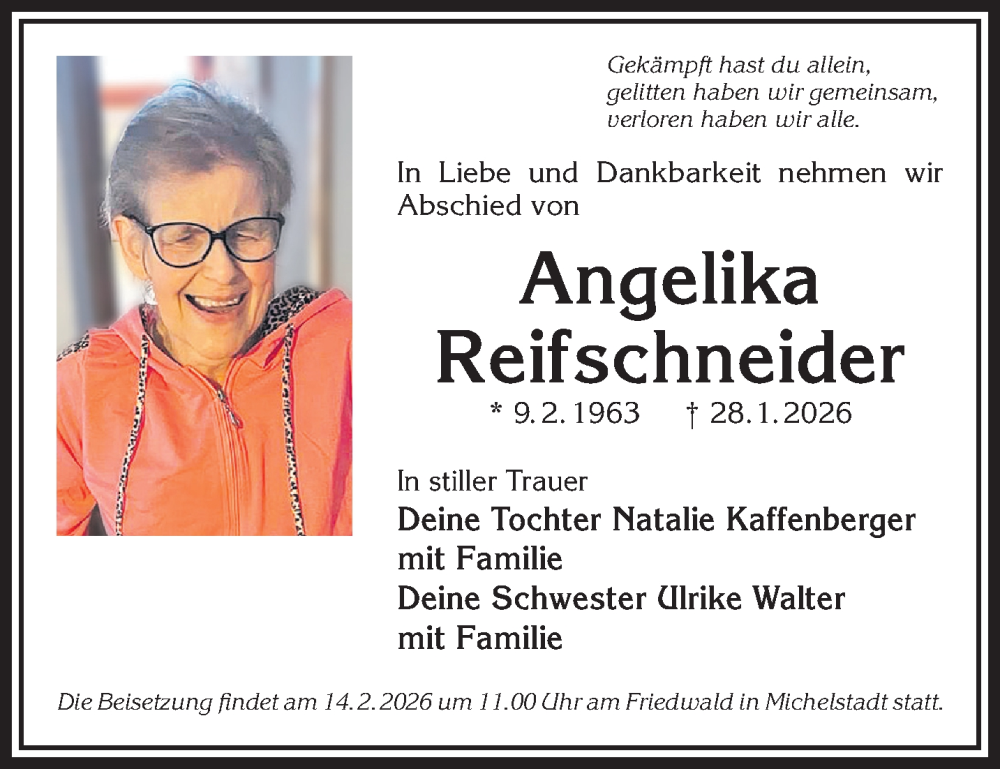  Traueranzeige für Angelika Reifschneider vom 13.02.2026 aus Gelnhäuser Neue Zeitung