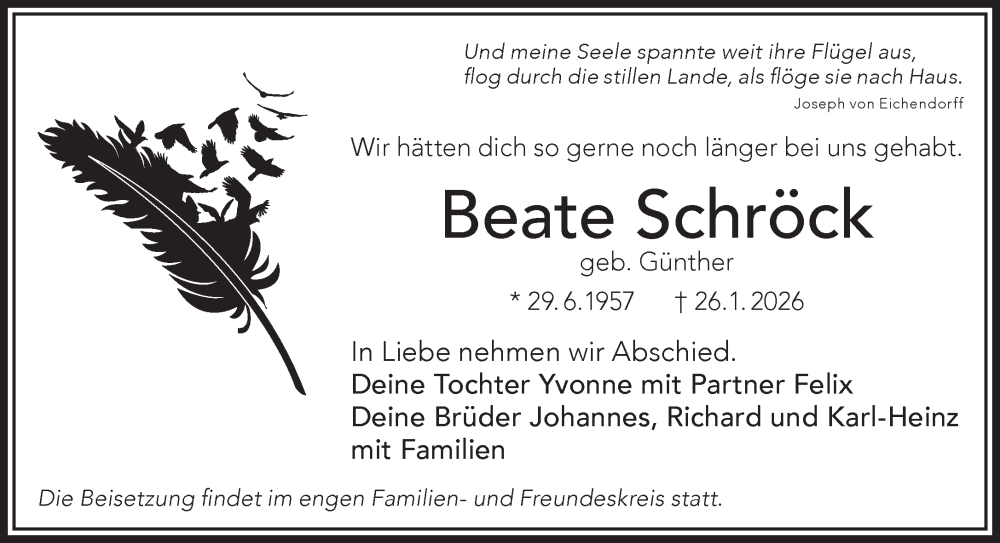  Traueranzeige für Beate Schröck vom 07.02.2026 aus Gelnhäuser Neue Zeitung