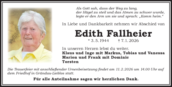 Traueranzeige von Edith Fallheier von Gelnhäuser Neue Zeitung