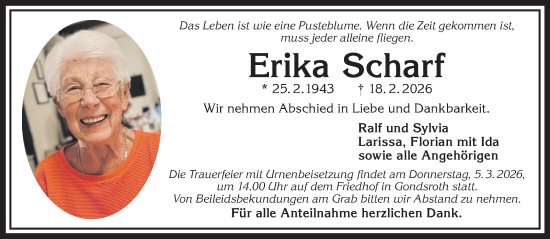 Traueranzeige von Erika Scharf von Mittelhessen-Bote