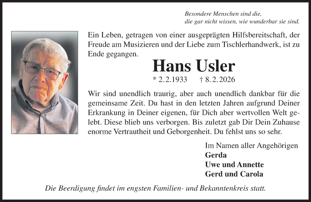  Traueranzeige für Hans Usler vom 12.02.2026 aus Gelnhäuser Neue Zeitung