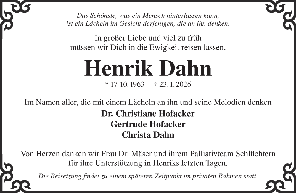  Traueranzeige für Henrik Dahn vom 03.02.2026 aus Gelnhäuser Neue Zeitung