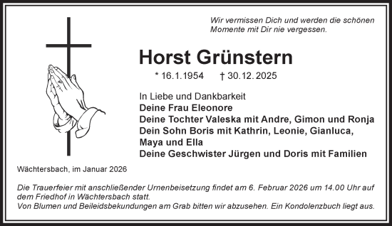 Traueranzeige von Horst Grünstern von Gelnhäuser Neue Zeitung