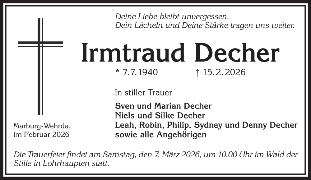  Traueranzeige für Irmtraud Decher vom 28.02.2026 aus Mittelhessen-Bote