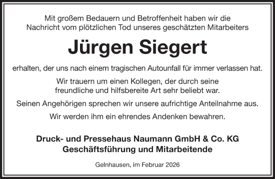 Traueranzeige von Jürgen Siegert von Gelnhäuser Neue Zeitung