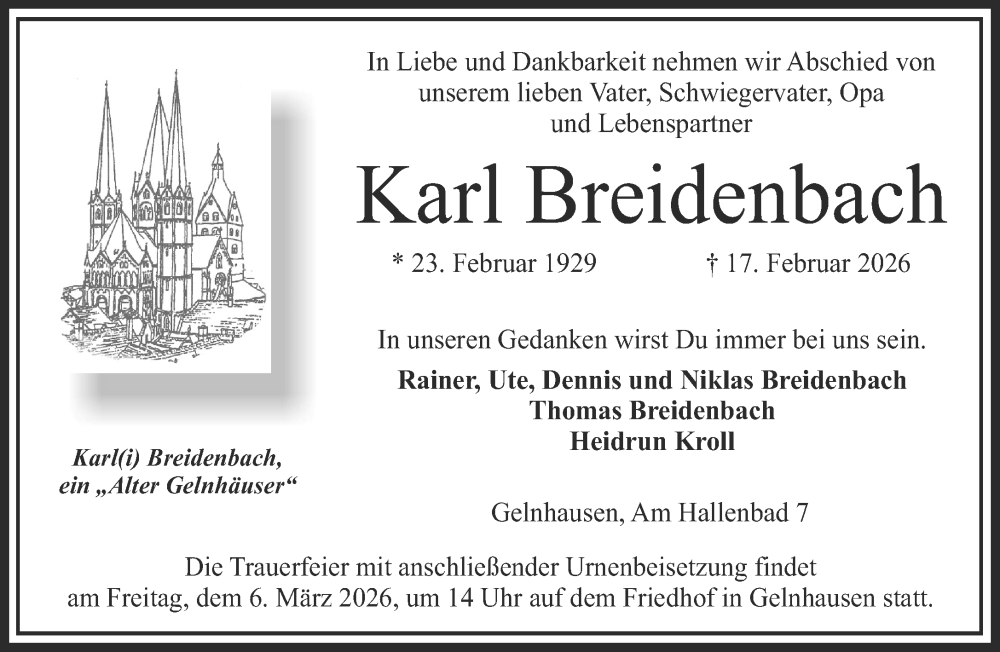  Traueranzeige für Karl Breidenbach vom 28.02.2026 aus Mittelhessen-Bote