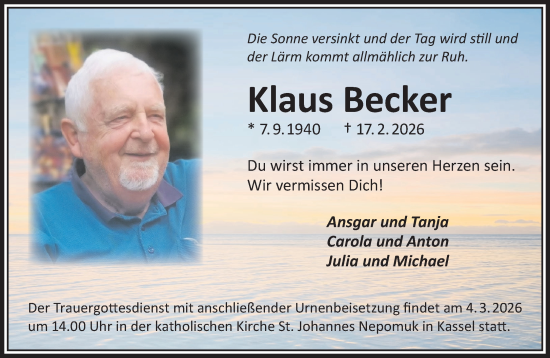 Traueranzeige von Klaus Becker von Mittelhessen-Bote