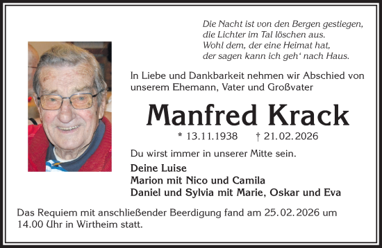 Traueranzeige von Manfred Krack von Mittelhessen-Bote