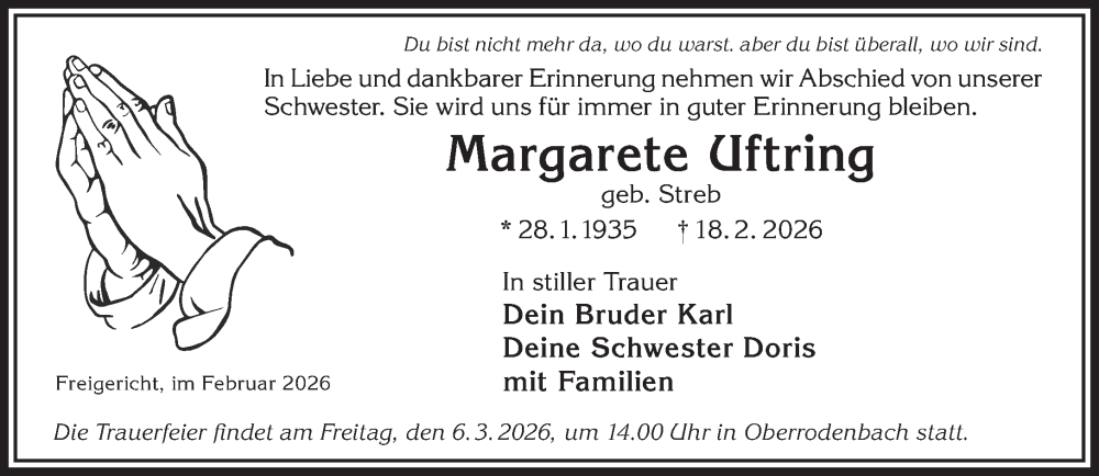  Traueranzeige für Margarete Uftring vom 28.02.2026 aus Gelnhäuser Neue Zeitung