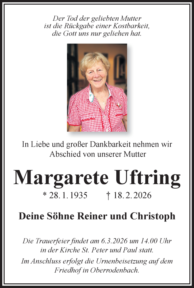  Traueranzeige für Margarete Uftring vom 28.02.2026 aus Gelnhäuser Neue Zeitung
