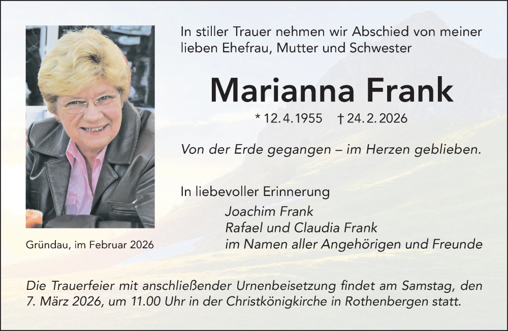  Traueranzeige für Marianna Frank vom 28.02.2026 aus Gelnhäuser Neue Zeitung