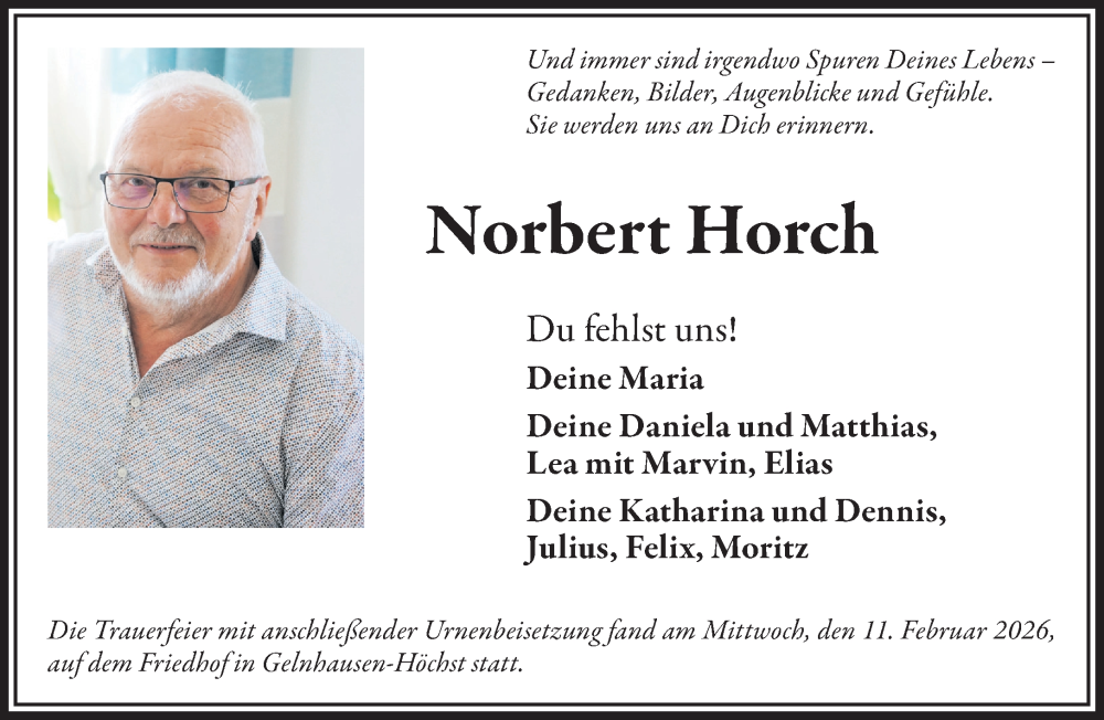  Traueranzeige für Norbert Horch vom 14.02.2026 aus Mittelhessen-Bote