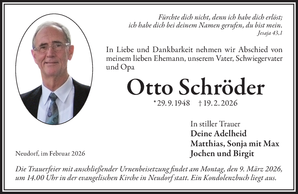  Traueranzeige für Otto Schröder vom 28.02.2026 aus Gelnhäuser Neue Zeitung
