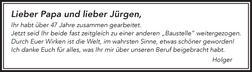  Traueranzeige für Papa und Jürgen  vom 14.02.2026 aus Gelnhäuser Neue Zeitung