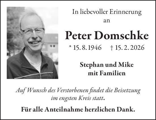 Traueranzeige von Peter Domschke von Gelnhäuser Neue Zeitung
