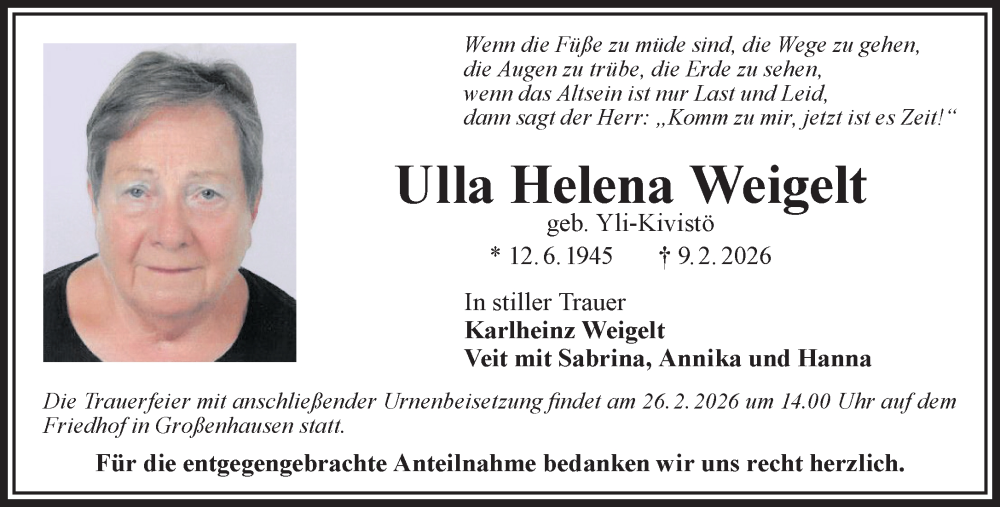 Traueranzeige für Ulla Helena Weigelt vom 21.02.2026 aus Mittelhessen-Bote