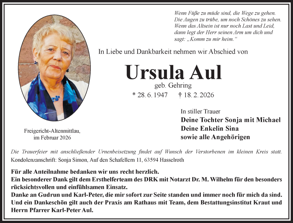  Traueranzeige für Ursula Aul vom 28.02.2026 aus Gelnhäuser Neue Zeitung