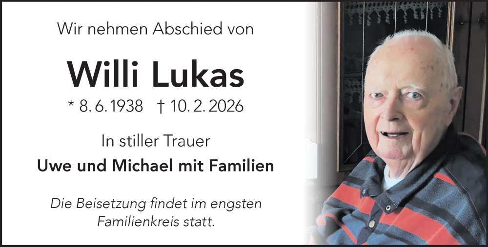  Traueranzeige für Willi Lukas vom 21.02.2026 aus Gelnhäuser Neue Zeitung